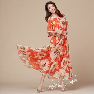 Orange Flower Chiffon Maxi Dress: Lightweight Party Bridesmaid Gown