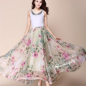 Floral Chiffon Maxi Skirt: Green Flower Sundress, Plus Size Beach Skirt