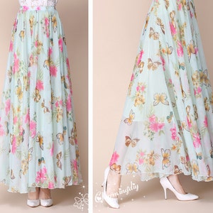 Chiffon Maxi Skirt: Floral Butterfly Print, Pleated Beach Sundress