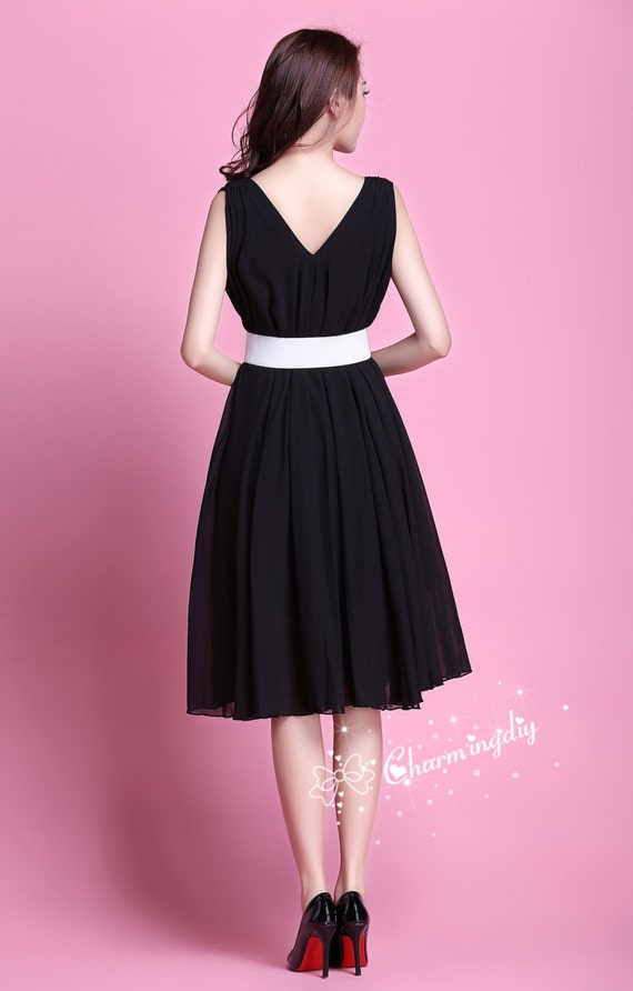 Black Chiffon Knee Length Dress: Bridesmaid, Party, or Summer Dress