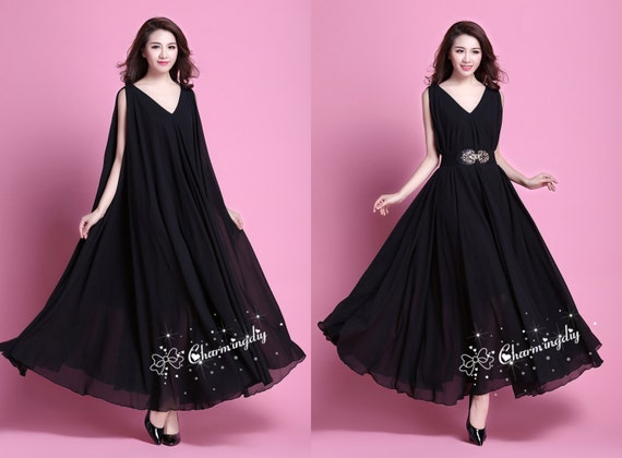 90 Colors Chiffon Black V Neck Long Party Dress Evening