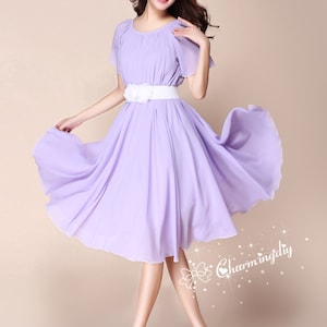 110 Colors Chiffon Lavender Light Purple  Short Sleeve Knee Skirt Party Evening Wedding Lightweight Dress Sundress Summer Bridesmaid Dres