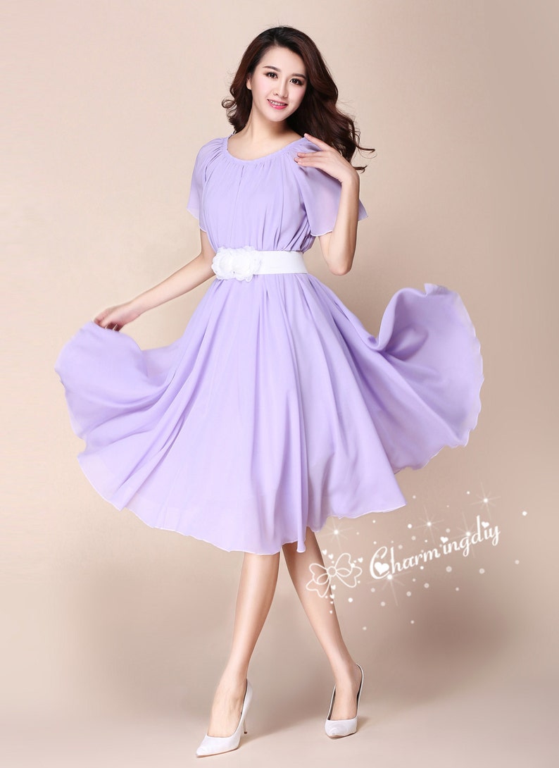 110 Colors Chiffon Lavender Light Purple Short Sleeve Knee Skirt Party Evening Wedding Lightweight Dress Sundress Summer Bridesmaid Dres image 1
