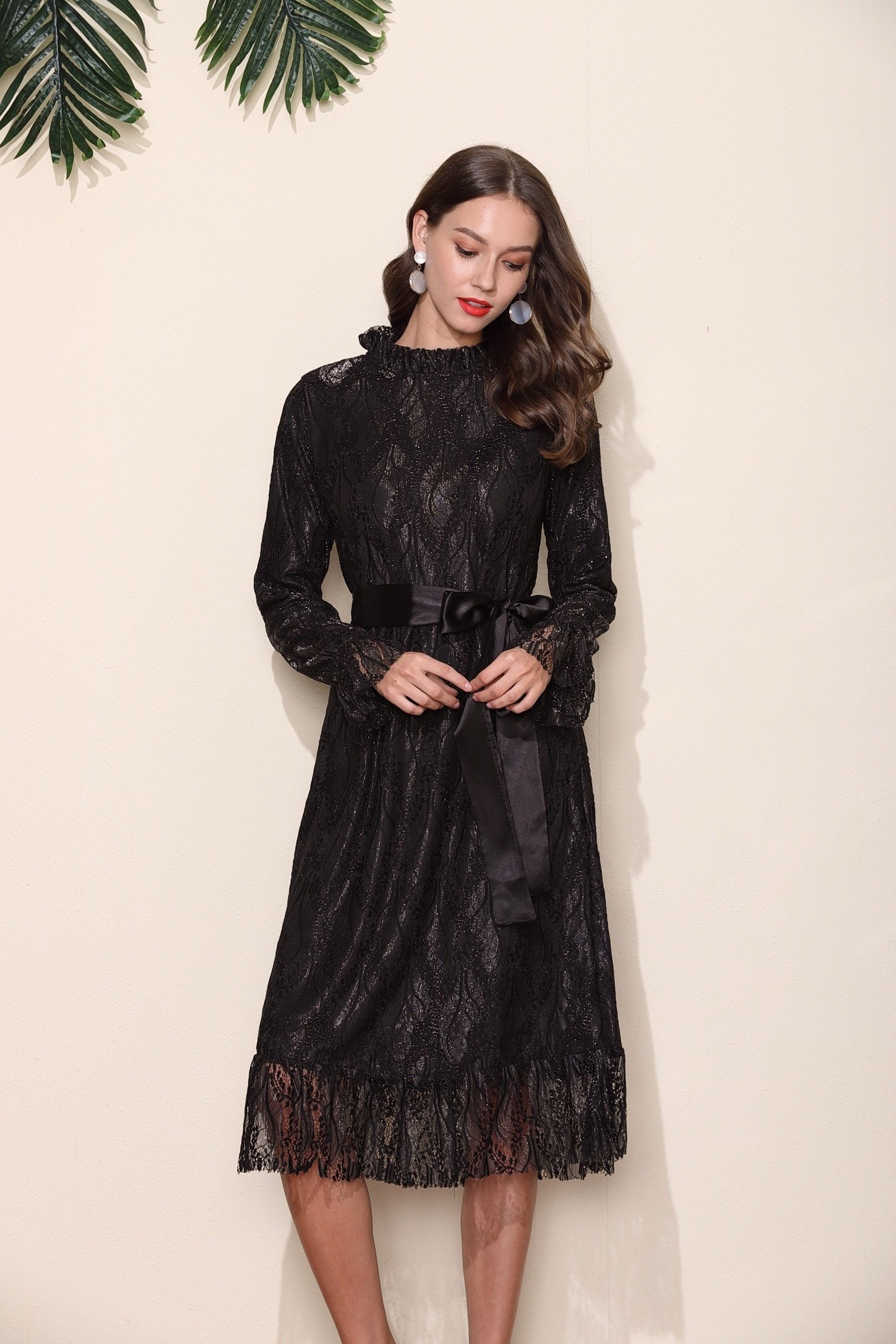 Black Lace Midi Dress: Long Sleeve Evening Party Dress - Etsy