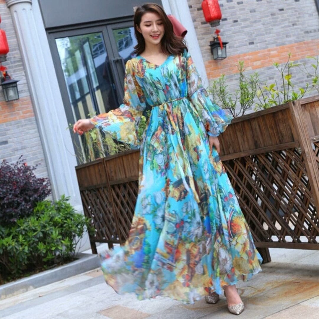 110 Colors Chiffon Flower Long Sleeve Party Big Hem Dress - Etsy