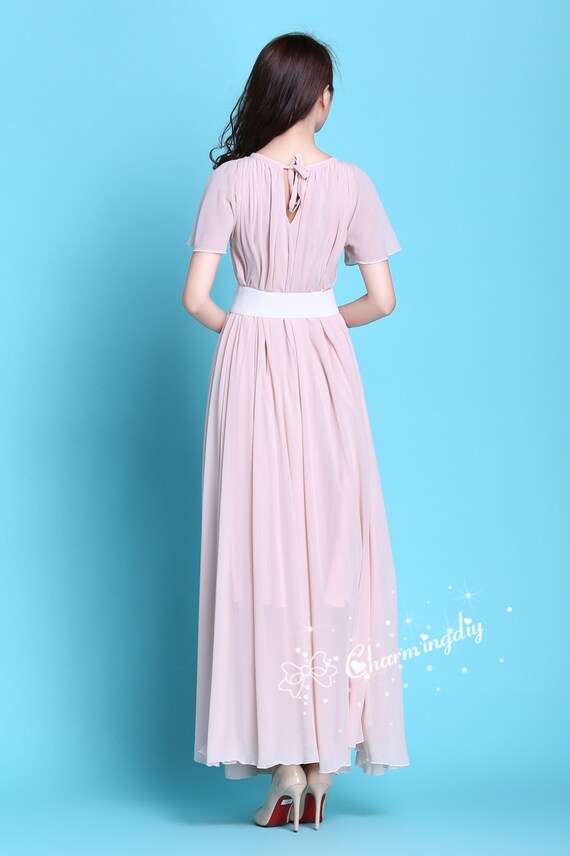 Pink Chiffon Maxi Dress: Short Sleeve Wedding Bridesmaid Gown