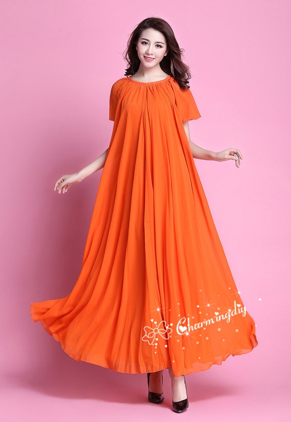 orange short sleeve dress Round Neck Short Sleeve Dress with Pockets