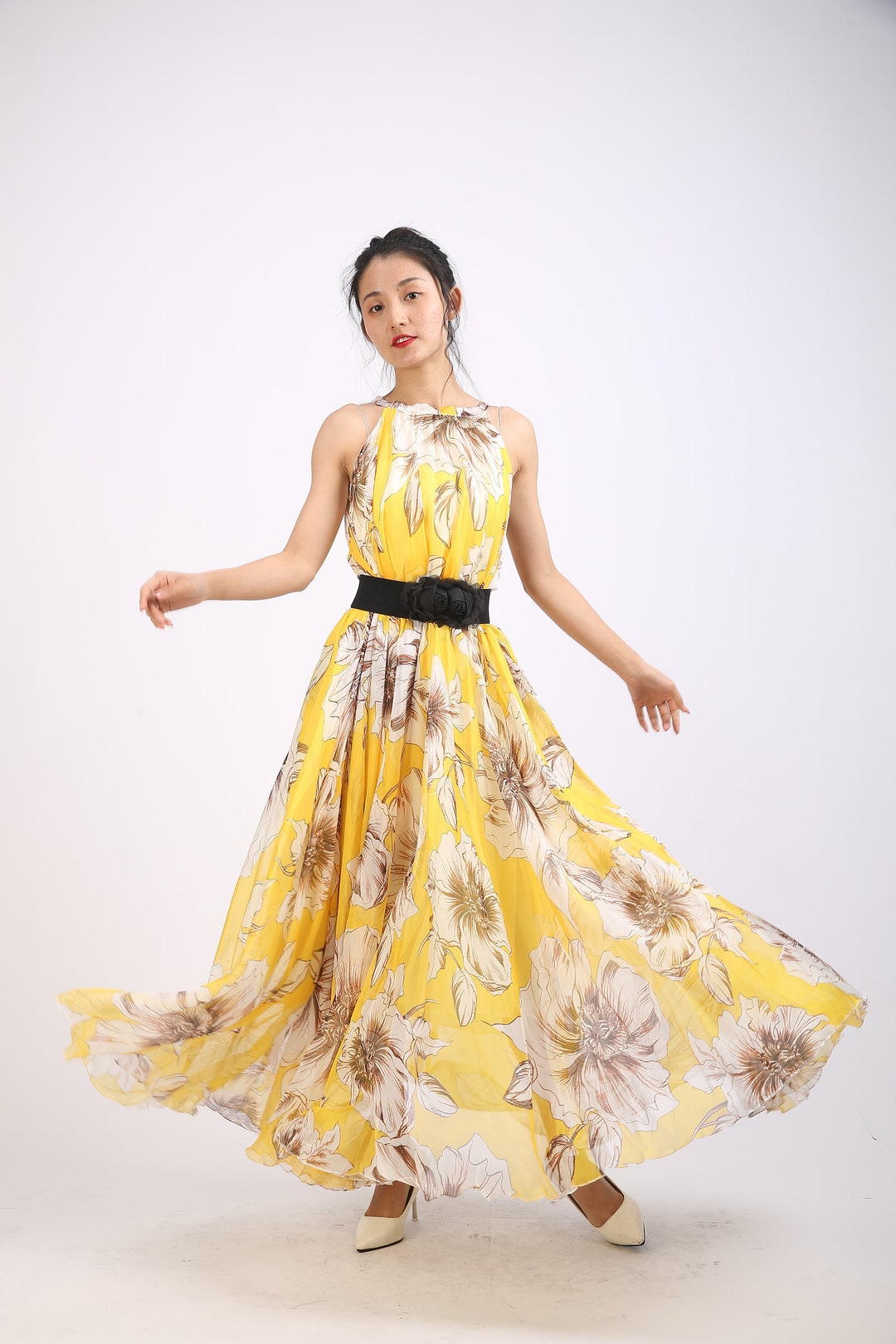 yellow maxi summer chiffon dress yellow maxi summer chiffon dress Watercolor Print Chiffon Maxi Dress