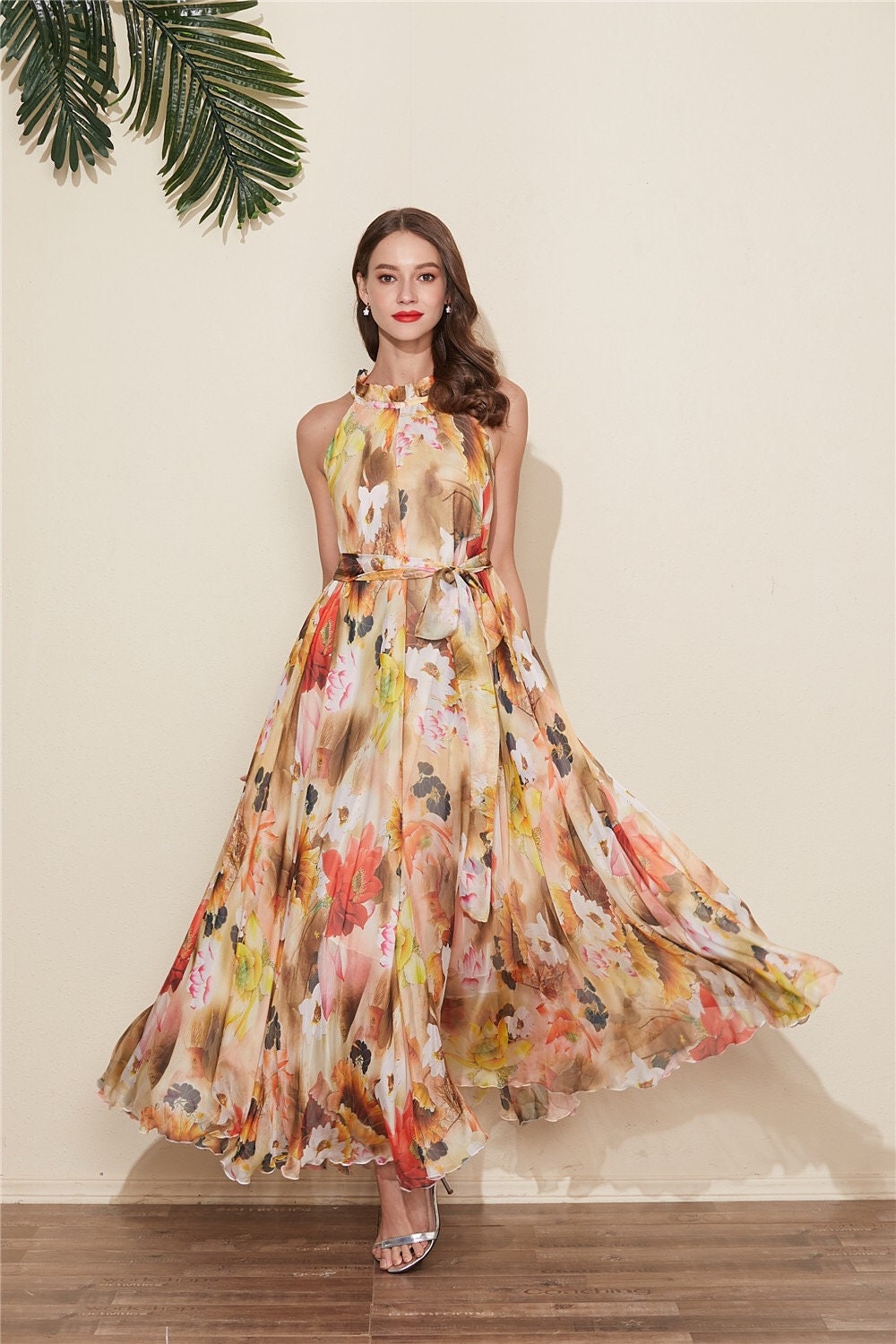 ■MOJO ESPIN(模造エスピン)Flower pattern chiffon long dress 110 Colors Chiffon Orange Yellow Flower Long Party Evening