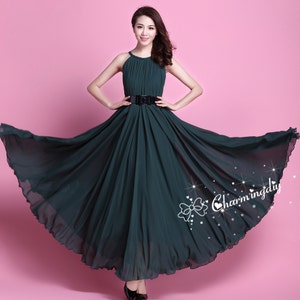 Dark Green Chiffon Maxi Dress: Long Evening Gown with Belts