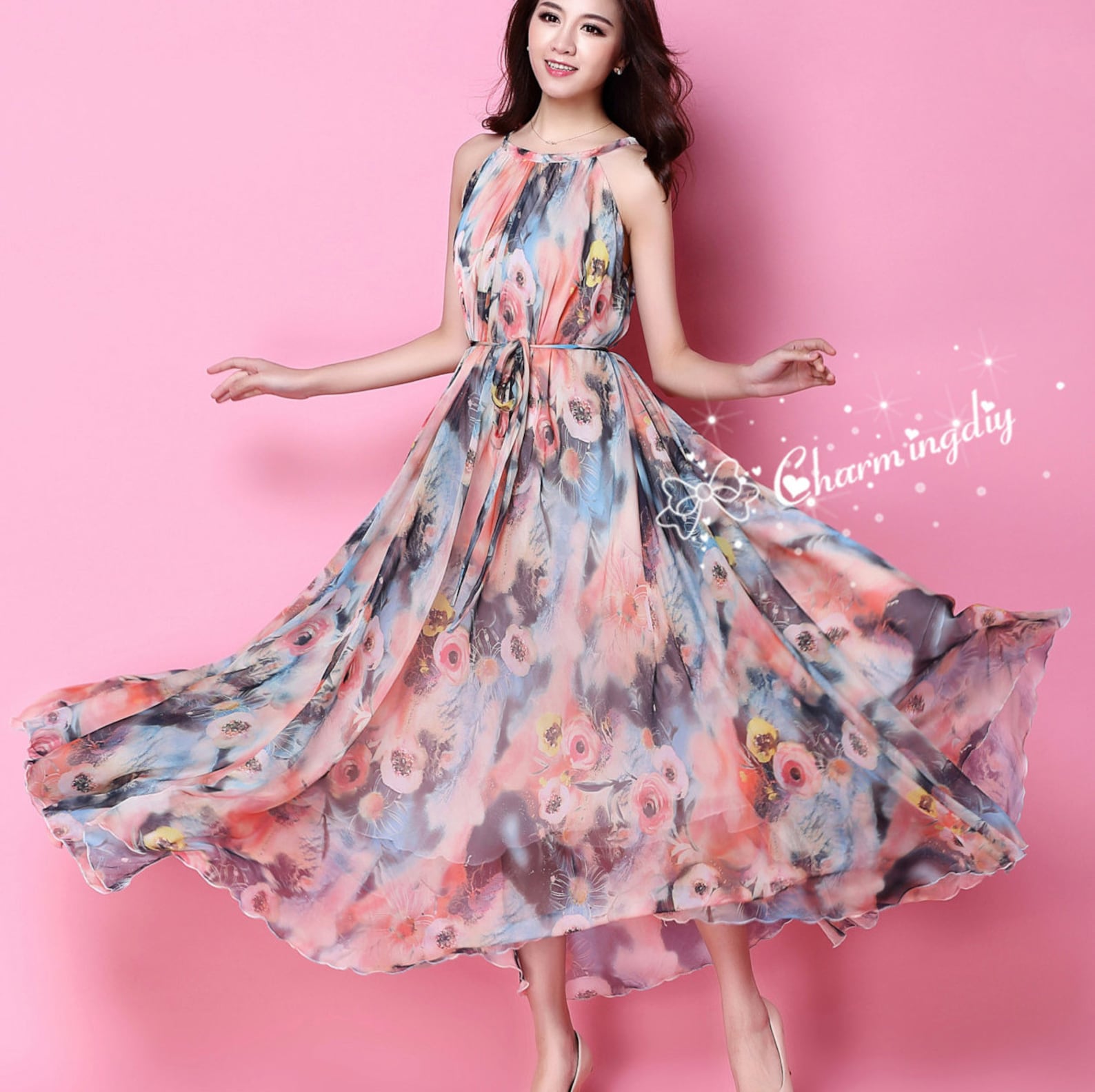 Blue Printed Floral Backless Chiffon Long Party Dress,DP1965