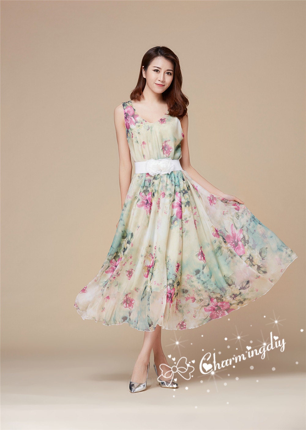 tea length casual dresses Vintage Chiffon Pleated Dress - S
