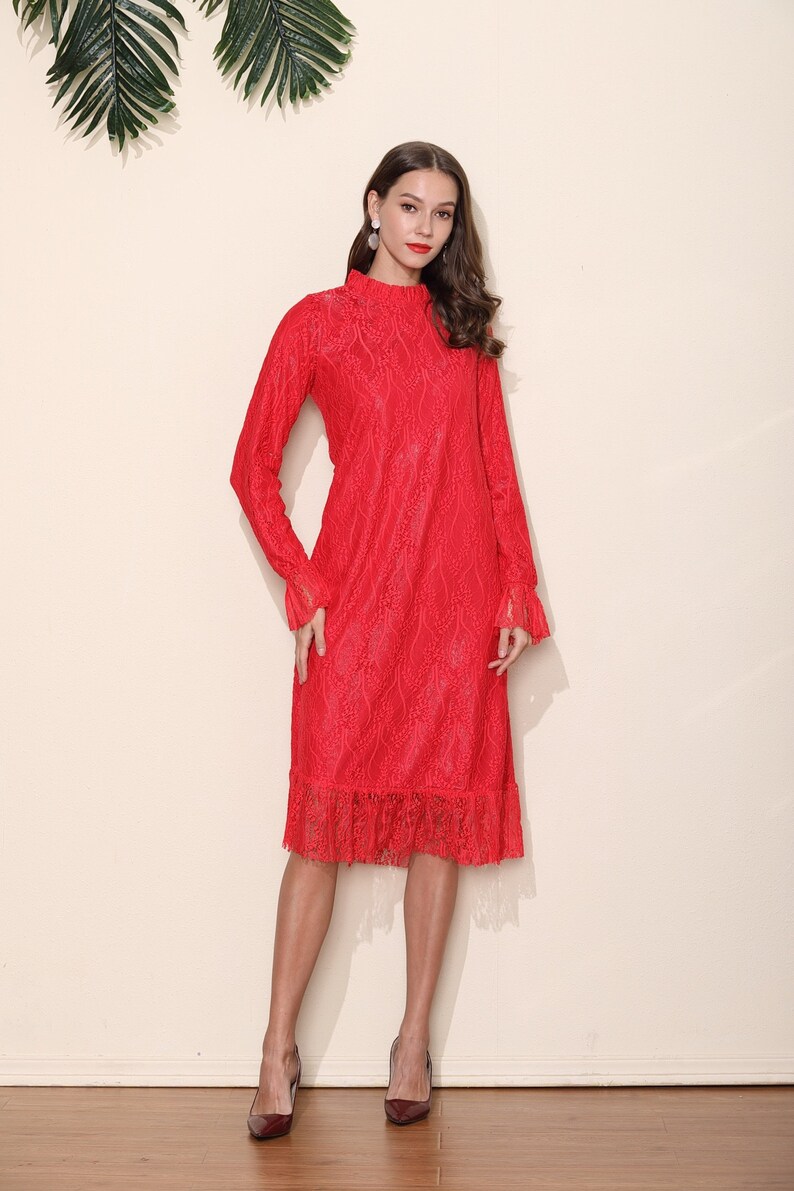 Red Lace Long Sleeve Party Dress Evening Wedding Sundress Etsy