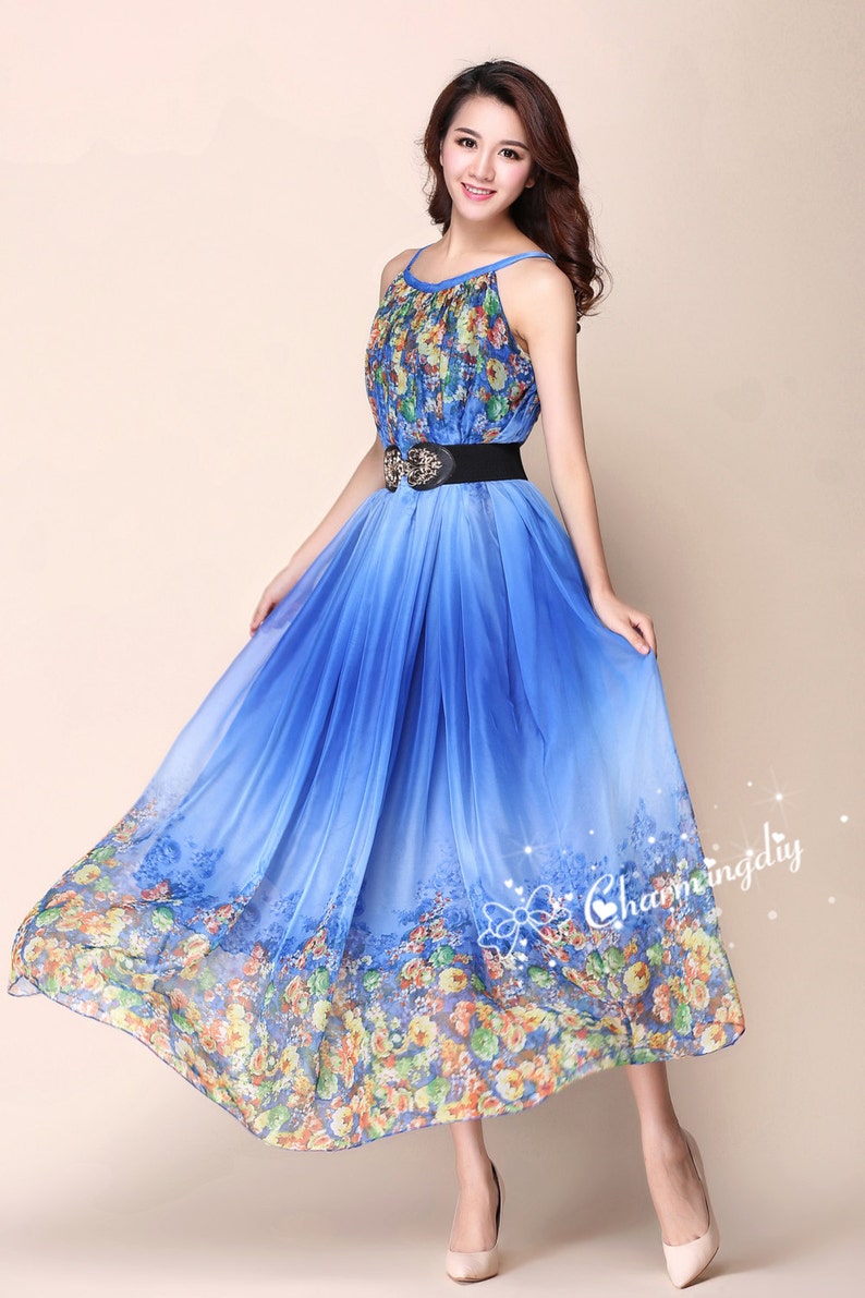 110 Colors Chiffon Blue Flower Long Party Dress Evening Etsy
