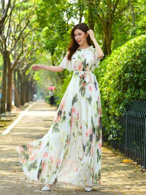 110 Colors Chiffon Flower Long Sleeve Party Big Hem Dress Evening