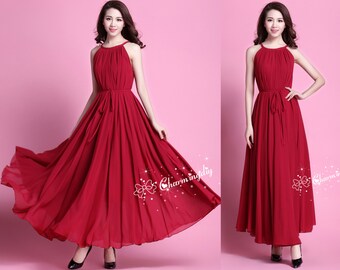 Wine Red Chiffon Maxi Dress: Lightweight Party Bridesmaid Gown
