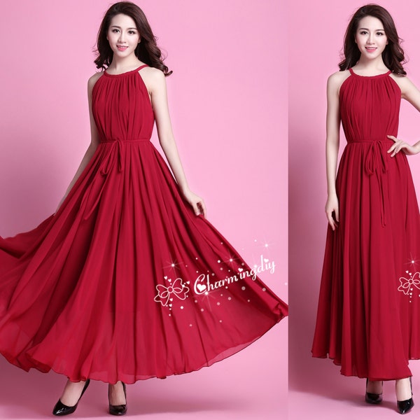 110 Couleurs Chiffon Vin Rouge Long Party Dress Mariage Léger Maternité Sundress Summer Holiday Beach Bridesmaid Robe Maxi Jupe J013