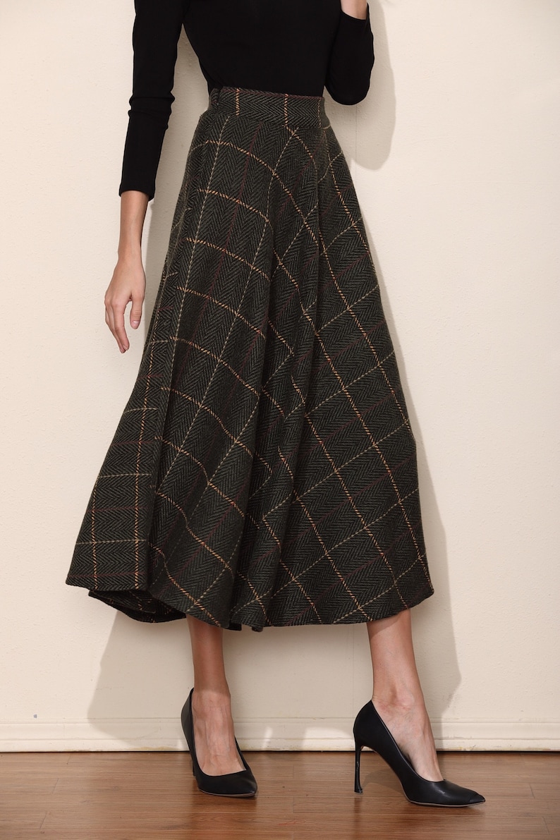 Dark Green Grid Wool Skirt Long Woolen Wool Party Skirt Etsy