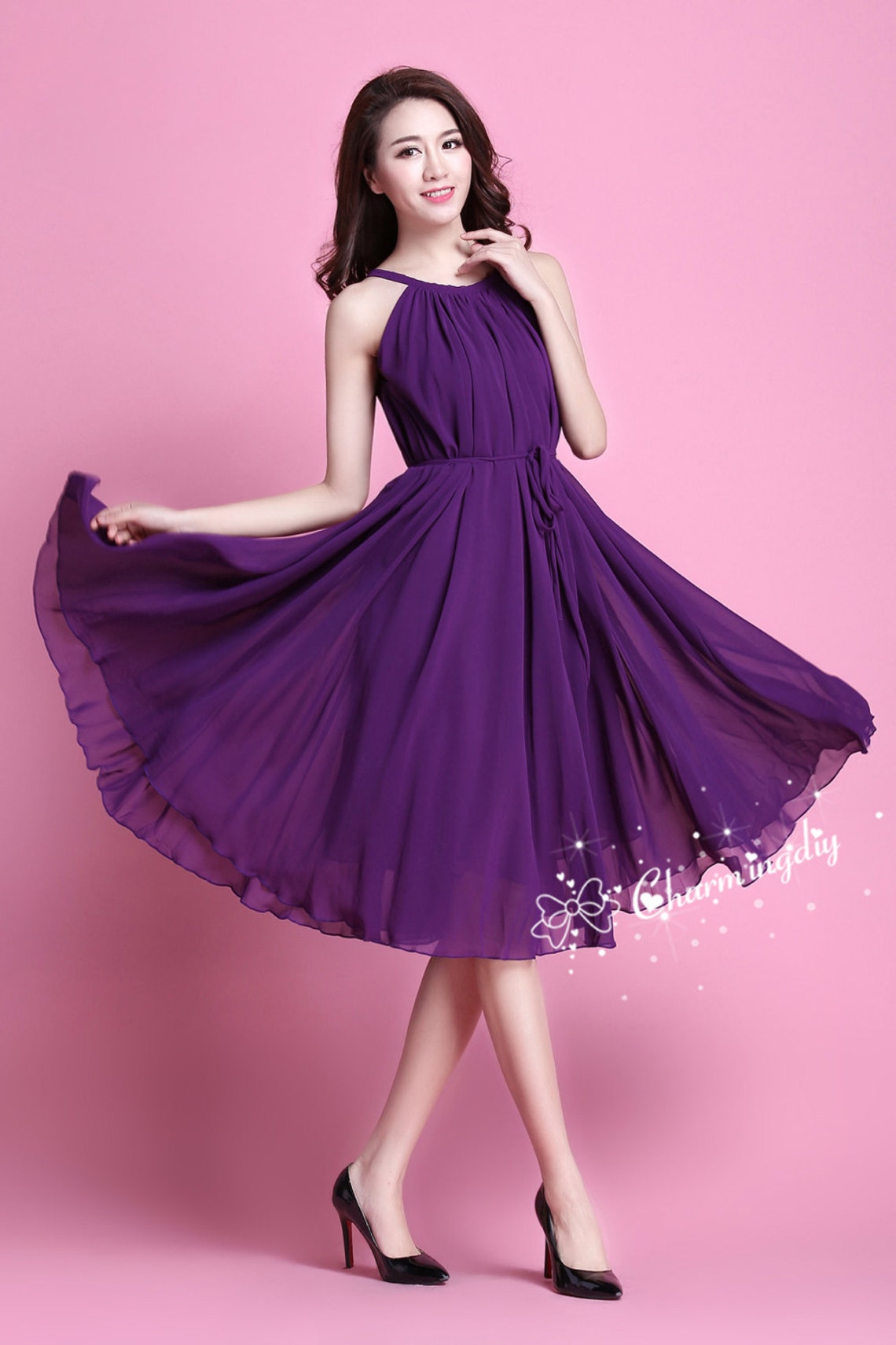 Dark Purple Chiffon Party Dress Knee Length Bridesmaid Skirt Etsy — free download