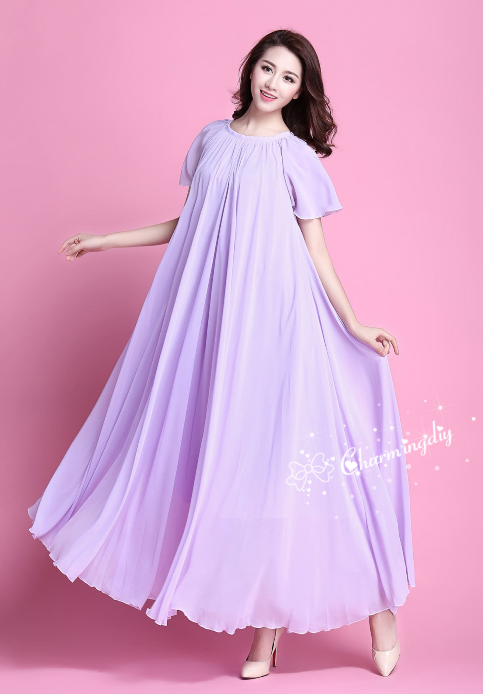 110 Colors Chiffon Light Purple Short Sleeve Long Party Dress | Etsy