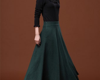 Dark Green Wool Maxi Skirt: Autumn Wedding Party Dress
