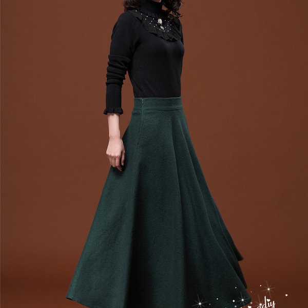 Dark Green Wool Maxi Skirt: Autumn Wedding Party Dress