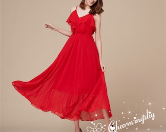 Red Chiffon Maxi Dress: Lightweight Party Bridesmaid Gown