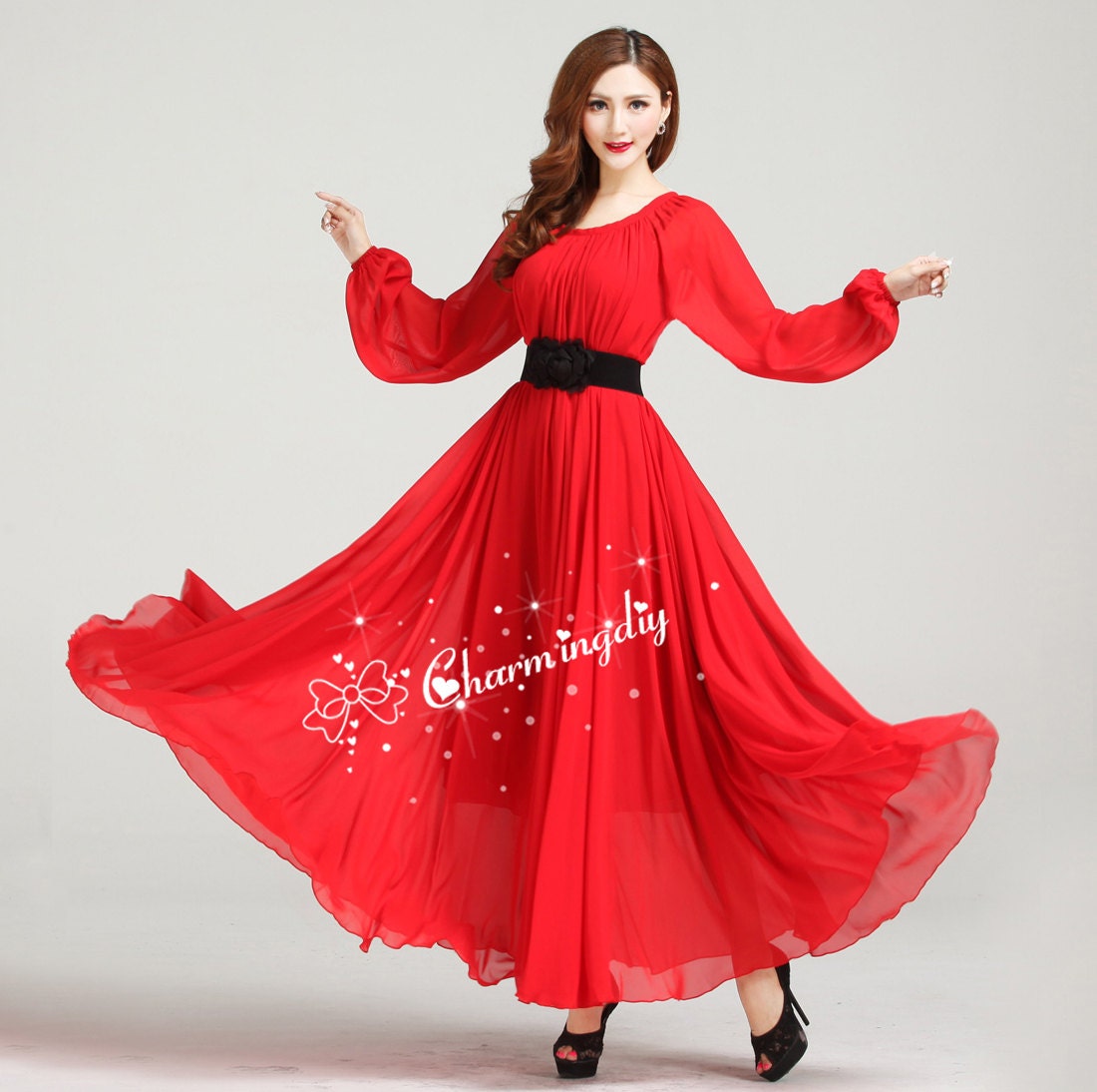 110 Colors Chiffon Red Autumn Long Sleeve Party Big Hem Dress | Etsy
