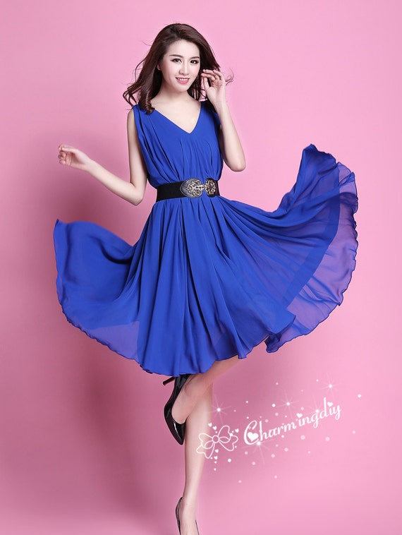 white christmas dresses Chiffon Royal Blue Bridesmaid Short Dresses with V-neckline – loveangeldress main image 0