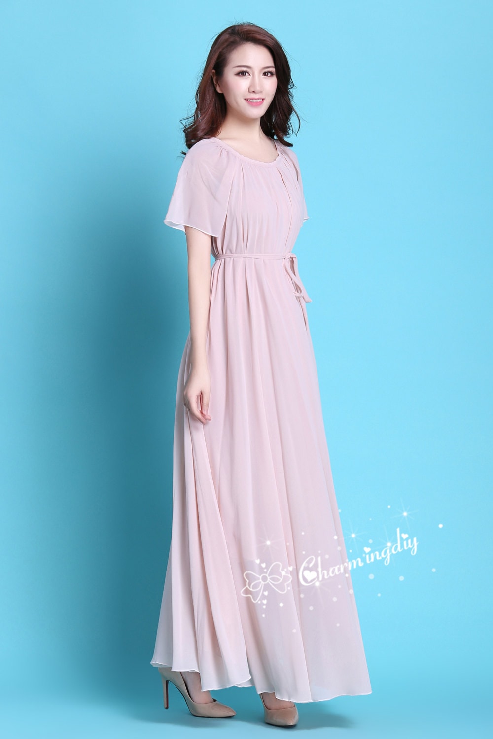 Chiffon Maternity Dress: Pink Short Sleeve Maxi, Baby Shower Gown