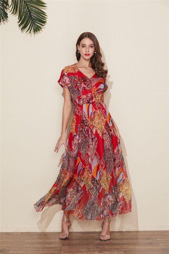 Red Floral Chiffon Maxi Dress: Lightweight Summer Sundress - Etsy