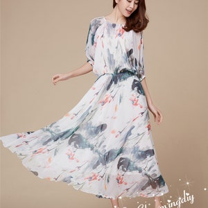 White Floral Chiffon Maxi Dress: Lightweight Party Bridesmaid Gown