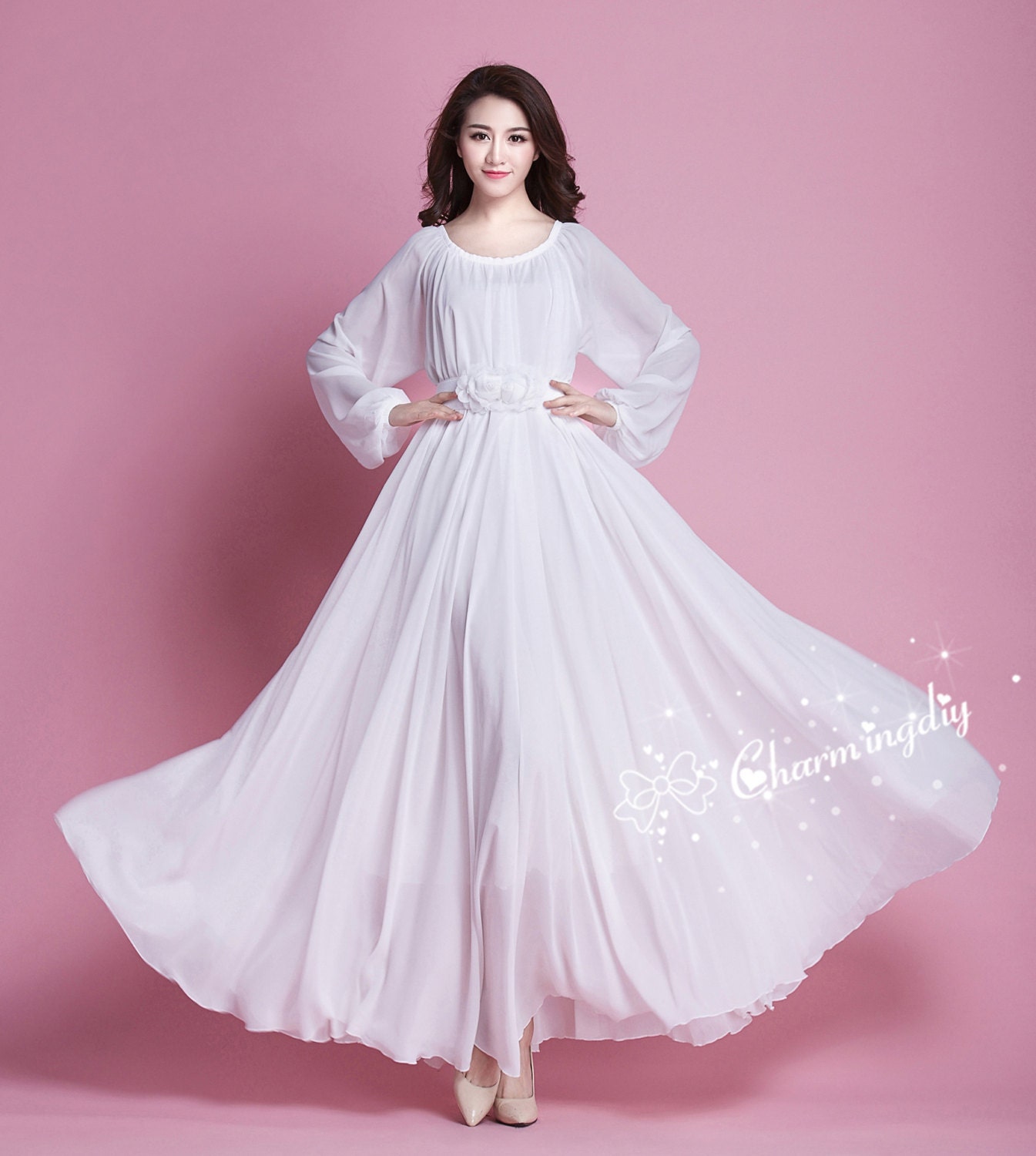 white long sleeve flowy dress a line Long Sleeve Boho Wedding Dress Lace A-Line V-Neck Beach Gown with Split Front and Sweep Train, Diamond White / 6 This twirly dress kicks things off with a sultry wrap bodice and long sheer sleeves (with gathering at the shoulder and covered button detail along the cuffs) White Chiffon Maxi Dress: Long