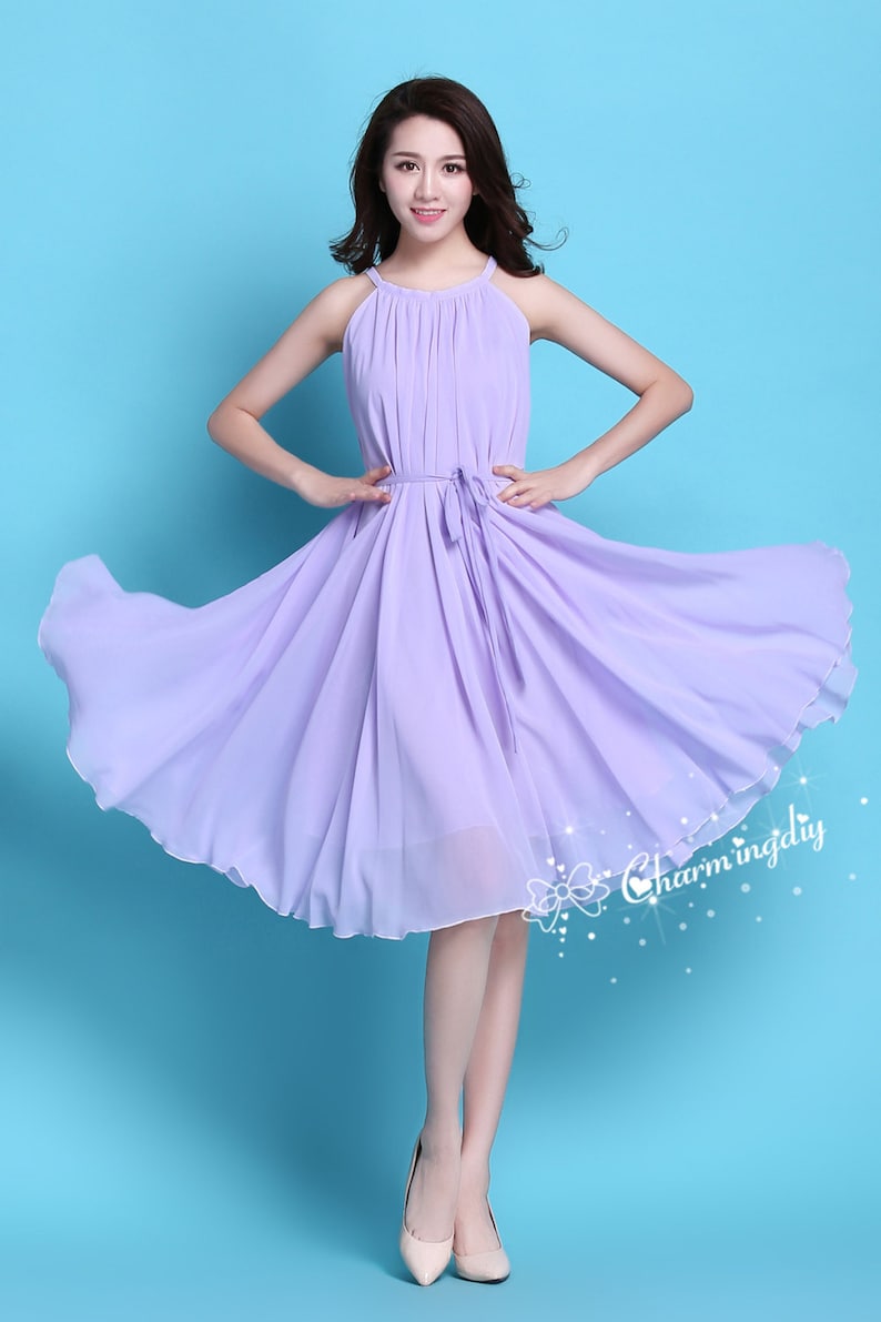 110 Colors Chiffon Light Purple Knee Dress, Party Dress, Wedding Lightweight Sundress Summer Holiday Beach Dress Bridesmaid Dress Skirt image 4