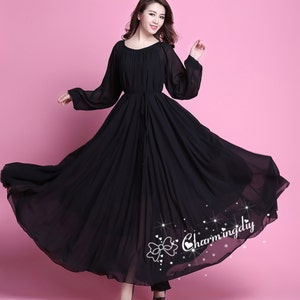 110 Colors Chiffon Black Autumn Long Sleeve Party Big Hem Dress Evening Wedding Maternity Lightweight Holiay Beach Bridesmaid Maxi Skirt