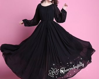 Black Chiffon Maxi Dress: Long Sleeve Evening Gown