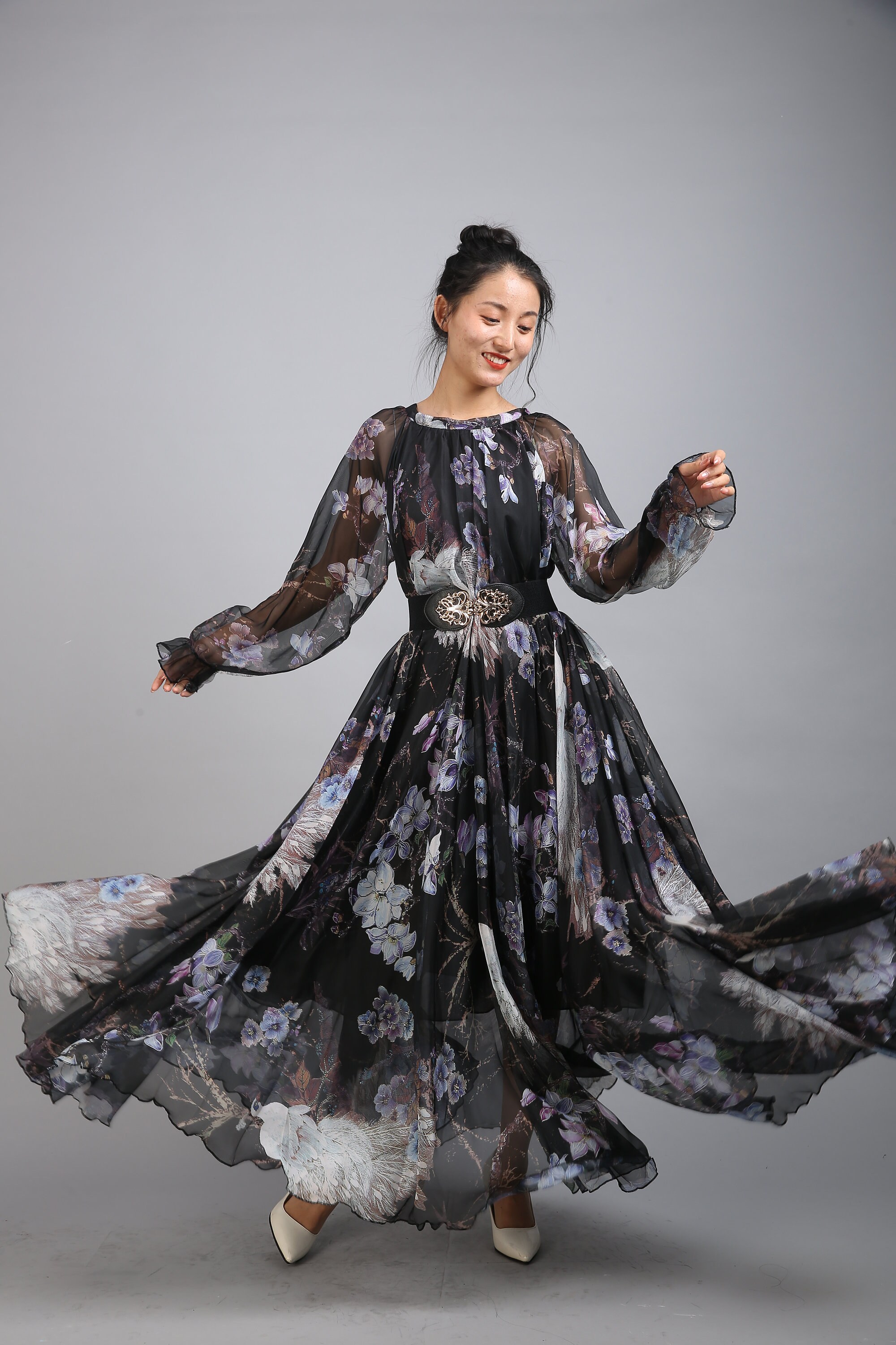 Black Chiffon Flower Maxi Dress: Lightweight Party Gown