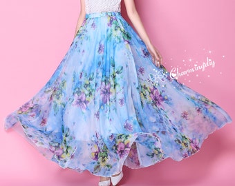 Blauer Chiffon Maxirock mit Blumenmuster: Sommer-Strand-Sommerkleid