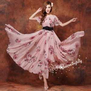 110 Colors Chiffon Rose Flower Long Party Dress Evening Wedding Lightweight Sundress Summer Holiday Beach Dress Bridesmaid Dress Maxi Skirt image 1