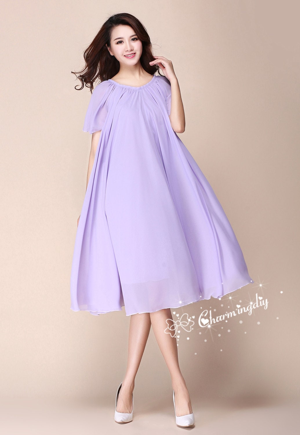 lavender chiffon dress short Affordable Lavender Chiffon Bridesmaid Dress Short Formal Dress W/Flow DaisyFormals-Bridesmaid and Formal Dresses in 59+ Colors