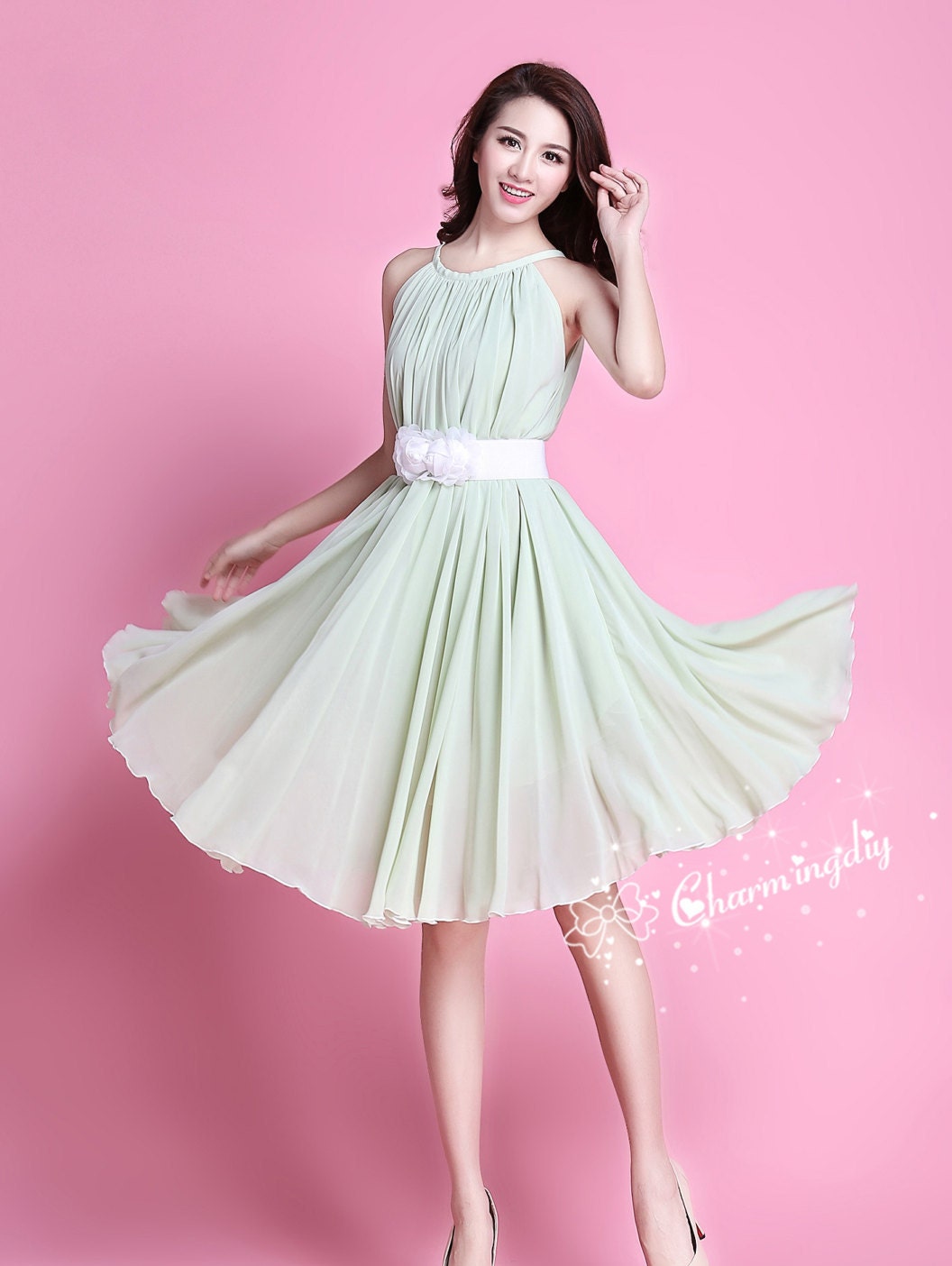 Light Green Chiffon Bridesmaid Dress: Knee Length Party Sundress