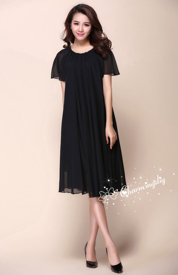 Black Chiffon Party Dress: Short Sleeve Knee Length Sundress