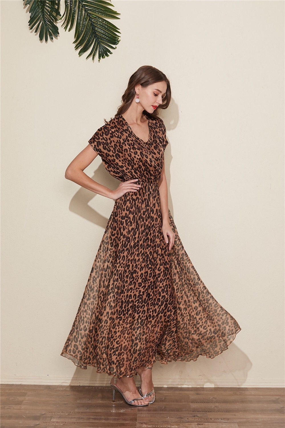 leopard print chiffon maxi dress Leopard Print Chiffon Maxi Dress - Women's Dresses
