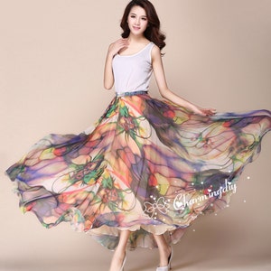 Floral Chiffon Maxi Rock : Langes Falten Sommerkleid, Plus Größe Strand Rock