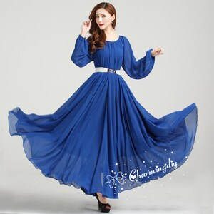 Blue Long dress with contrast piping detail 94110