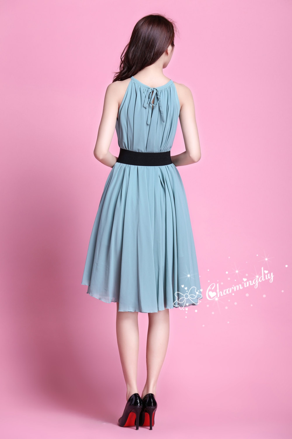 Chiffon Bean Green Dress: Knee Length Bridesmaid Sundress