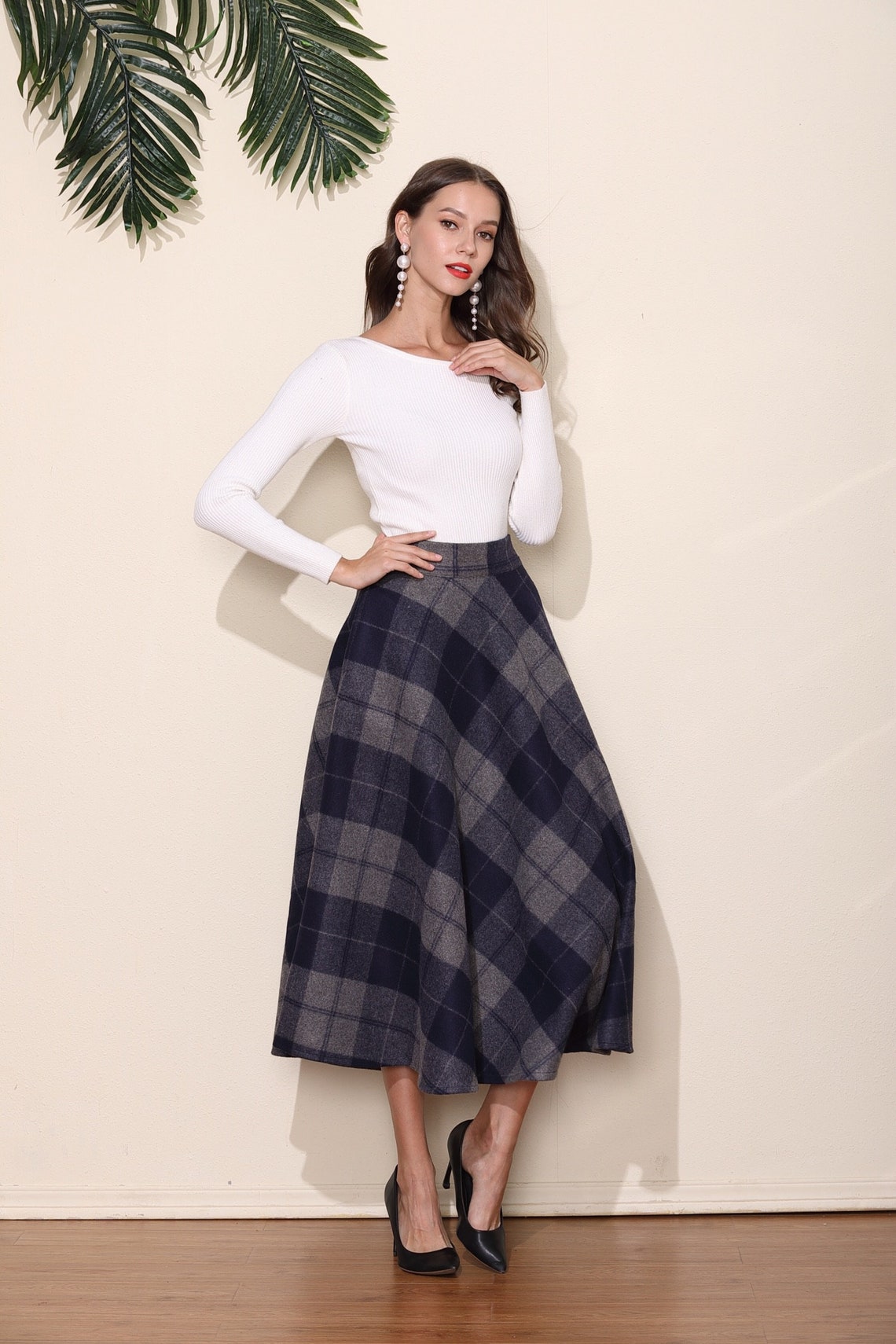 Grey Blue Grid Wool Skirt Long Woolen Wool Party Skirt Evening | Etsy