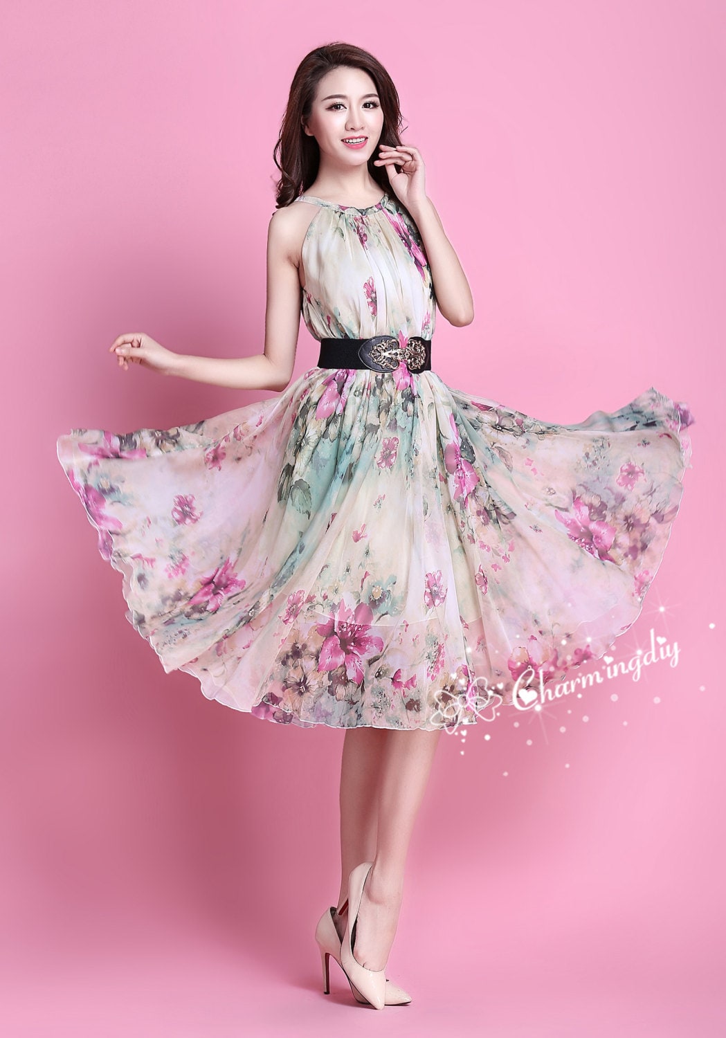 Plus Size Sheer Shoulder Mesh Overlay Flare Dress Knee Length Casual Dresses  Elegant Print A Line