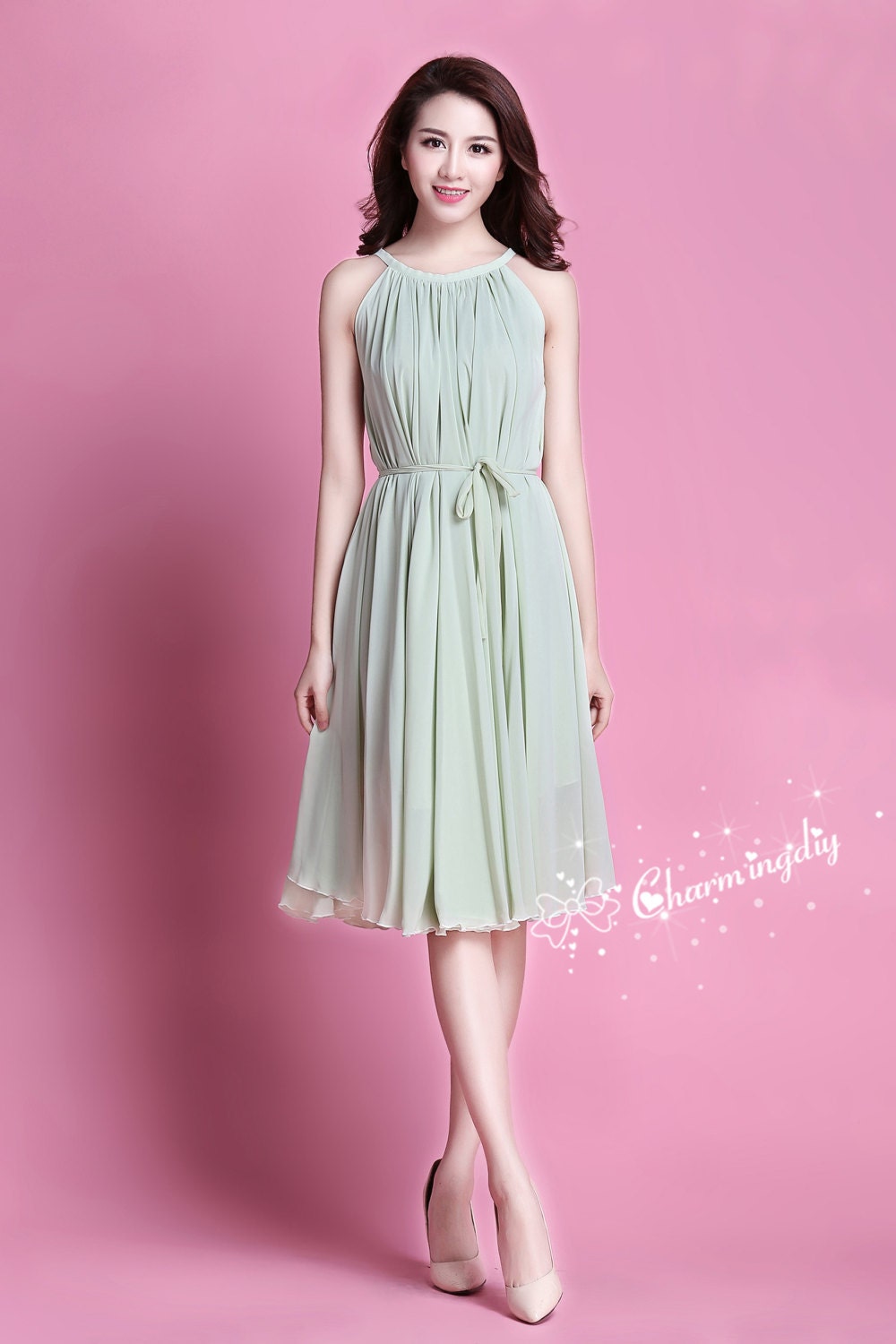 Light Green Chiffon Bridesmaid Dress: Knee Length Party Sundress