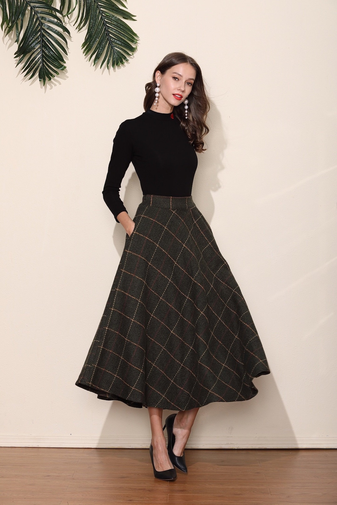 Dark Green Grid Wool Skirt Long Woolen Wool Party Skirt